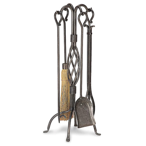 5 Piece Basket Weave Vintage Iron Fireplace Tool Set - 28-inH