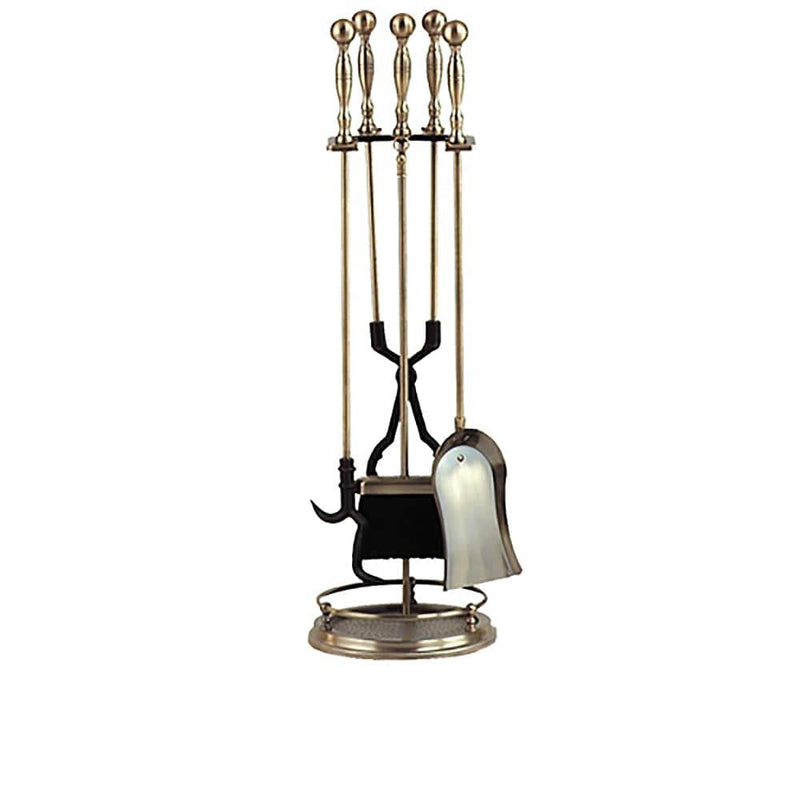 5 Piece Rail Base Fireplace Tool Set in Antique Brass